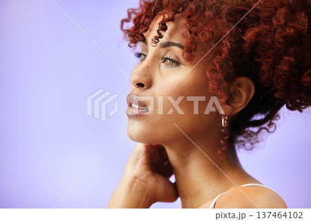Face, profile and woman, natural beauty and hair with cosmetics and makeup isolated on purple background. Mockup space, wellness and thinking with red curls, skincare and model has glow in a studio Face, profile and woman, natural beauty and hair with cosmetics and makeup isolated on purple background. Mockup space, wellness and thinking with red curls, skincare and model has glow in a studio 137464102