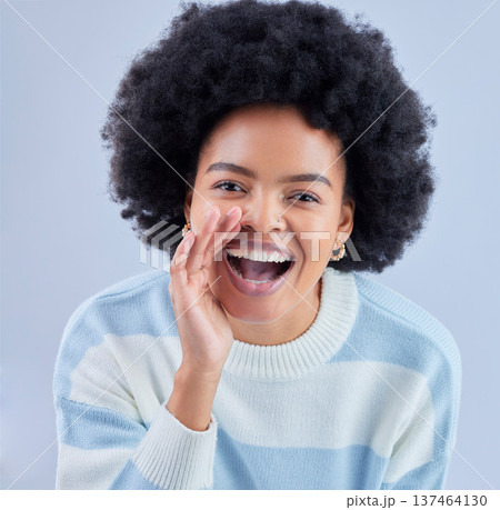 Portrait, announcement and black woman shouting secret in studio isolated on a blue background. Face, smile and person sharing gossip, news or speaking of information for communication of promotion Portrait, announcement and black woman shouting secret in studio isolated on a blue background. Face, smile and person sharing gossip, news or speaking of information for communication of promotion 137464130