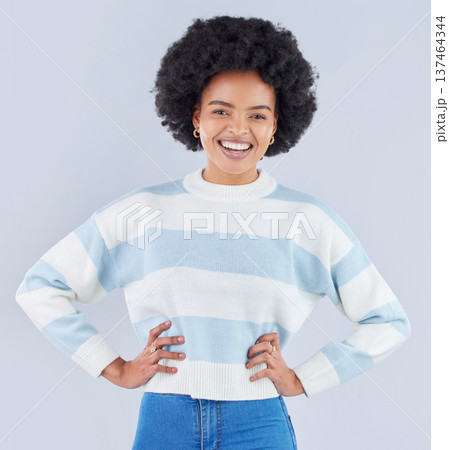 Fashion, student and smile with portrait of black woman in studio for education, casual and trendy style. Happy, pride and confidence with person on white background for college, future and gen z Fashion, student and smile with portrait of black woman in studio for education, casual and trendy style. Happy, pride and confidence with person on white background for college, future and gen z 137464344