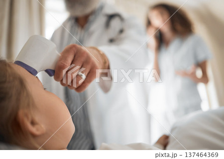 Sick, thermometer and doctor with child in bedroom for consulting, virus and medical checkup. Healthcare, helping and fever results with people in family home for inspection, wellness and exam 137464369