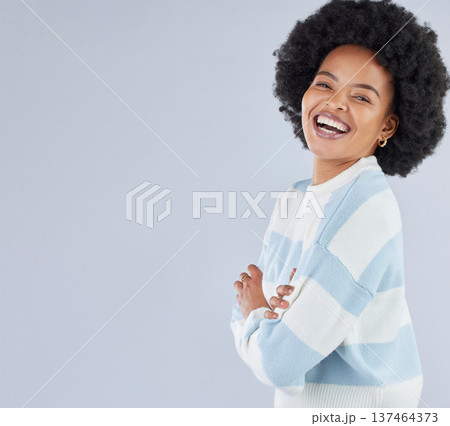 Fashion, space and arms crossed with portrait of black woman in studio for education, casual and trendy style. Happy, pride and mockup with person on white background for college, future and gen z 137464373