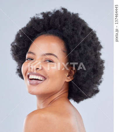Smile, natural and portrait of woman with beauty skincare isolated in a studio gray background and happy for glow. Skin, African and confident young person with healthy dermatology cosmetic care Smile, natural and portrait of woman with beauty skincare isolated in a studio gray background and happy for glow. Skin, African and confident young person with healthy dermatology cosmetic care 137464445