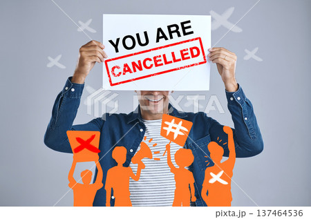 Man, cancelled sign and protest, censorship and bullying in studio isolated on a white background overlay. Poster, cancel culture and happy crowd ban influencer on social media for freedom of speech Man, cancelled sign and protest, censorship and bullying in studio isolated on a white background overlay. Poster, cancel culture and happy crowd ban influencer on social media for freedom of speech 137464536