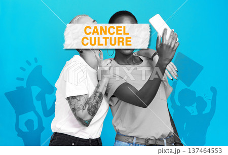 Women friends, peace sign selfie and cancel culture in studio isolated on a blue background. Protest, picture and girls on internet for wrong opinion, bullying and politics on social media overlay. Women friends, peace sign selfie and cancel culture in studio isolated on a blue background. Protest, picture and girls on internet for wrong opinion, bullying and politics on social media overlay. 137464553