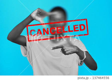 Cancelled, ban and woman with censor face for boycott, silence opinion or shaming. Backlash, audience or text overlay censorship for social media critic, discrimination and abstract blue background 137464556