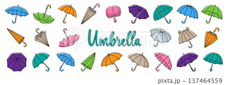 Colorful umbrella icons collection with multiple shapes and styles. Flat vector rain protection symbols for seasonal weather design Colorful umbrella icons collection with multiple shapes and styles. Flat vector rain protection symbols for seasonal weather design 137464559