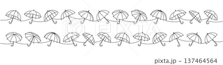 Minimalist linear outline of umbrellas repeating in two seamless rows, elegant black contour art of rainy weather Minimalist linear outline of umbrellas repeating in two seamless rows, elegant black contour art of rainy weather 137464564