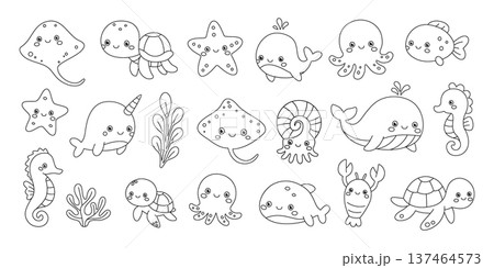 Outline sea animals. Minimalist vector illustration for children marine designs Outline sea animals. Minimalist vector illustration for children marine designs 137464573