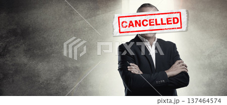 Job, man or cancel culture words to silence opinion, stop protest or message on mockup space. Businessman, arms crossed or letter text overlay for censorship in workplace or corporate environment Job, man or cancel culture words to silence opinion, stop protest or message on mockup space. Businessman, arms crossed or letter text overlay for censorship in workplace or corporate environment 137464574