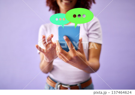 Phone, hands and woman on social media speech bubble in studio isolated on purple background mockup space. Smartphone, communication and person on chat, feedback opinion or voice notification online Phone, hands and woman on social media speech bubble in studio isolated on purple background mockup space. Smartphone, communication and person on chat, feedback opinion or voice notification online 137464624