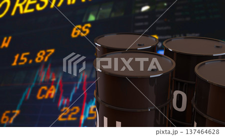 Oil Barrels With Global Energy Market Trading Data Background 3d render. Oil Barrels With Global Energy Market Trading Data Background 3d render. 137464628