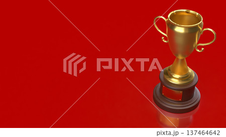 Golden Trophy Award On Red Background Symbol Of Victory And Success 3d render. 137464642
