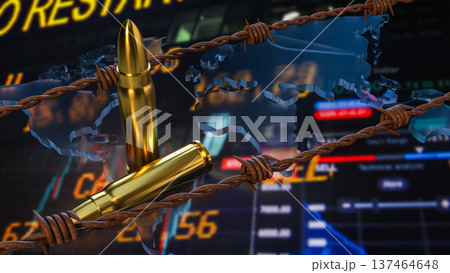 Global Conflict And Economic Crisis Concept With Bullets And World Map 3d render. 137464648