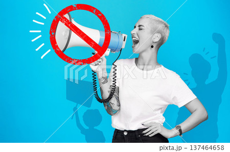 Censorship, megaphone or woman in protest with announcement or voice on blue background. Silence, stop cancel culture or angry person in rally with news, speech or speaking on opinion on speaker Censorship, megaphone or woman in protest with announcement or voice on blue background. Silence, stop cancel culture or angry person in rally with news, speech or speaking on opinion on speaker 137464658
