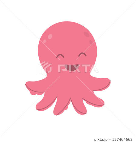 Smiling pink cartoon octopus with cheerful face. Adorable sea creature character in happy mood, perfect for kids and underwater themes. 137464662