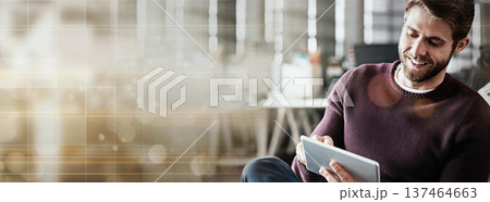 Business, smile and man with a tablet, typing and connection with overlay, network and email notification. Happy person, consultant and employee with technology, social media and website information Business, smile and man with a tablet, typing and connection with overlay, network and email notification. Happy person, consultant and employee with technology, social media and website information 137464663