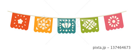 Colorful papel picado banner with five festive flags. Flat vector decoration for Mexican holidays and celebrations Colorful papel picado banner with five festive flags. Flat vector decoration for Mexican holidays and celebrations 137464673