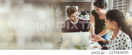 Business banner, laptop and happy people teamwork, web designer communication and group collaboration on website design. Happiness, mockup grid space and professional team cooperation on SEO project Business banner, laptop and happy people teamwork, web designer communication and group collaboration on website design. Happiness, mockup grid space and professional team cooperation on SEO project 137464695
