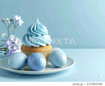 Modern aesthetics. Easter sweet cupcake and eggs in ceramic plate. Stylish purple design. 137464788