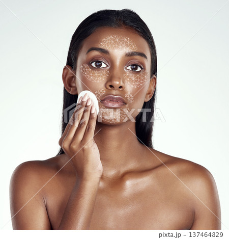 Skincare, science and woman face with cotton swab, overlay or cosmetic wellness on white background. Molecule innovation, facial and portrait of futuristic Indian model with swab for beauty cleaning 137464829