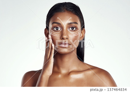 Studio portrait, plastic surgery lines and woman feel beauty filler results, facial transformation change or skincare collagen. Dermatology care, arrow or face of aesthetic person on white background Studio portrait, plastic surgery lines and woman feel beauty filler results, facial transformation change or skincare collagen. Dermatology care, arrow or face of aesthetic person on white background 137464834