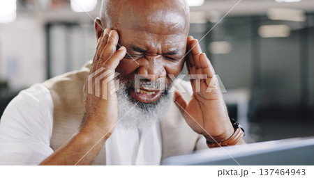 Headache, stress and senior business man in office with vertigo, pain or brain fog. Anxiety, burnout or elderly African male CEO with temple massage for migraine, mistake or disaster, dizzy or crisis Headache, stress and senior business man in office with vertigo, pain or brain fog. Anxiety, burnout or elderly African male CEO with temple massage for migraine, mistake or disaster, dizzy or crisis 137464943