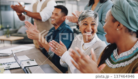 Business people, workshop or staff with applause, presentation and promotion with achievement. Group, teamwork and diversity with celebration, clapping and conference with a laptop and conversation 137464946