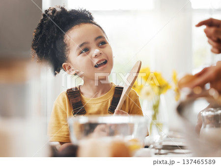 Child in kitchen, baking and learning with parent, wooden spoon and cake flour on face, little baker making breakfast or cookies. Cooking, food and happy boy in home with mixing bowl, tools and smile 137465589