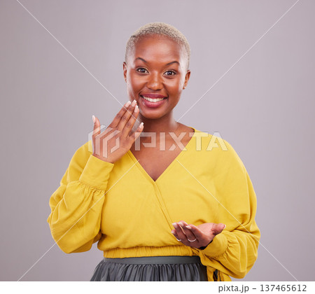 Surprise, excited and woman palm in studio for wow announcement, deal or promotion. Portrait of African person with hand, emoji or mockup space for presentation, news or marketing on grey background 137465612