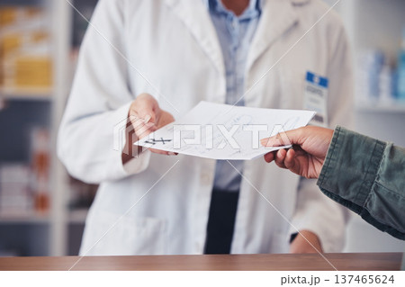 Pharmacy, hands of pharmacist and customer with paper for prescription, medical notes and healthcare. Pharmaceutical, professional person and patient with script for antibiotics and medicine 137465624