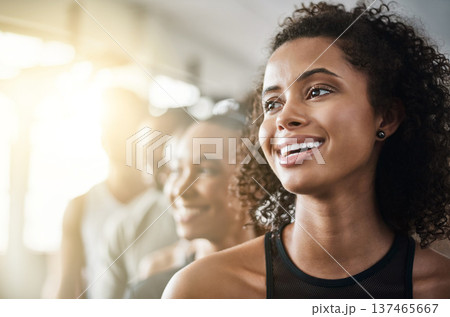 Happy, woman and face in gym with group for fitness, training or friends together in club for exercise or cardio workout. Healthy, people and athlete with happiness with sports, team or wellness 137465667