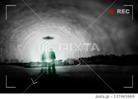 Alien, spaceship and people recording with UFO in sky in nature for fantasy, science fiction and space mission. Extraterrestrial, travel and silhouette in forest for abduction conspiracy on camcorder Alien, spaceship and people recording with UFO in sky in nature for fantasy, science fiction and space mission. Extraterrestrial, travel and silhouette in forest for abduction conspiracy on camcorder 137465669