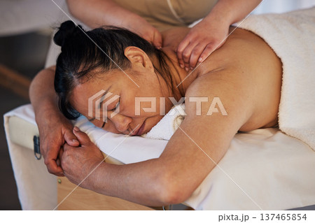 Health, massage and senior with woman in spa for wellness, body treatment and hospitality. Peace, cosmetics and holistic with customer and masseuse hands in hotel for relax, vacation and beauty salon Health, massage and senior with woman in spa for wellness, body treatment and hospitality. Peace, cosmetics and holistic with customer and masseuse hands in hotel for relax, vacation and beauty salon 137465854