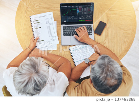 Couple, computer screen and data analysis, stock market graphs and budget, financial planning or asset management above. Senior people on laptop for trading, investment and accounting report or stats 137465869