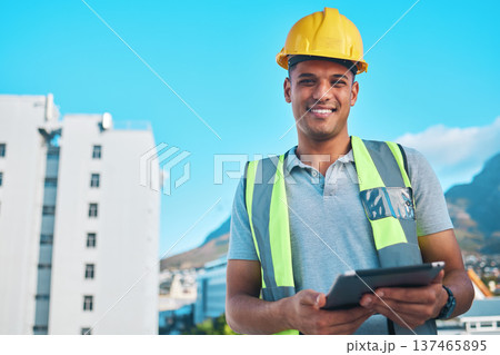 Project manager, tablet and portrait of happy man, architect or construction site engineer with digital blueprint design. Civil engineering, city inspector and smile for online infrastructure plan Project manager, tablet and portrait of happy man, architect or construction site engineer with digital blueprint design. Civil engineering, city inspector and smile for online infrastructure plan 137465895