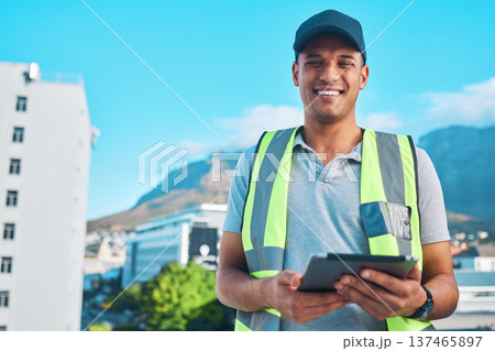 Digital blueprint, portrait and happy man, contractor and smile for online floor plan, construction site design or architecture sketch. City project manager, tech or constructor for civil engineering Digital blueprint, portrait and happy man, contractor and smile for online floor plan, construction site design or architecture sketch. City project manager, tech or constructor for civil engineering 137465897