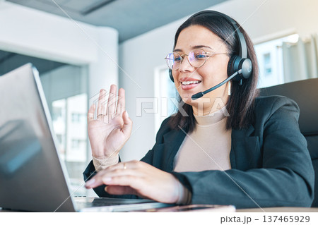 Customer service, laptop and woman wave in video call, help desk support and remote work at home. Happy, hello and sales agent in webinar, callcenter consulting or telemarketing in online conference Customer service, laptop and woman wave in video call, help desk support and remote work at home. Happy, hello and sales agent in webinar, callcenter consulting or telemarketing in online conference 137465929