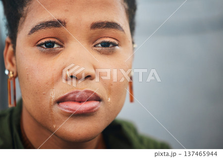 Crying, sad and portrait of business woman in office with tears for burnout, job loss and retrenchment. Depression, stress and face of unhappy, upset and African worker for crisis, fail and mistake Crying, sad and portrait of business woman in office with tears for burnout, job loss and retrenchment. Depression, stress and face of unhappy, upset and African worker for crisis, fail and mistake 137465944