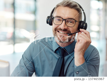 Senior, happy man and portrait of call center agent with headphones in customer service or telemarketing at office. Mature businessman or consultant smile in online advice, help or contact us at desk Senior, happy man and portrait of call center agent with headphones in customer service or telemarketing at office. Mature businessman or consultant smile in online advice, help or contact us at desk 137465967