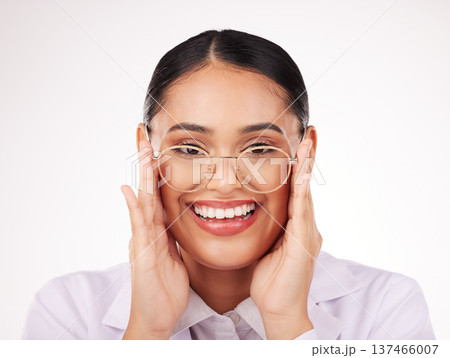 Glasses portrait, woman and vision of ophthalmologist in studio isolated on a white background. Face smile, optometrist and lens of happy medical professional optician in frame for health in eye care Glasses portrait, woman and vision of ophthalmologist in studio isolated on a white background. Face smile, optometrist and lens of happy medical professional optician in frame for health in eye care 137466007