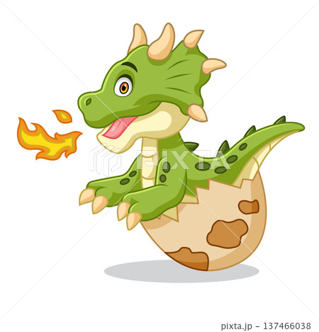 Cute newborn baby dragon cartoon hatching from egg 137466038