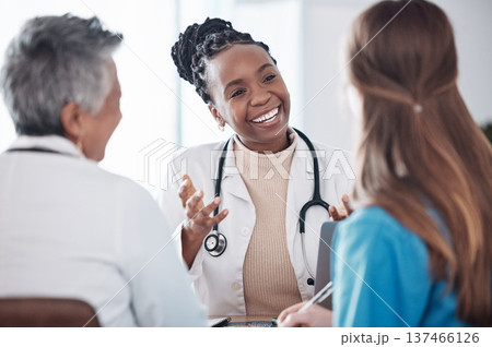 Teamwork, doctors or happy woman in meeting or discussion for hospital planning or collaboration. Leadership, smile or nurses talking or speaking of medical healthcare research, report or news update Teamwork, doctors or happy woman in meeting or discussion for hospital planning or collaboration. Leadership, smile or nurses talking or speaking of medical healthcare research, report or news update 137466126