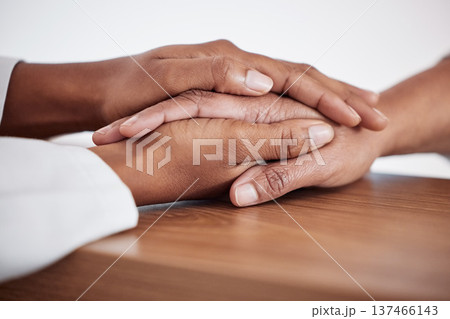 Healthcare, empathy and doctor holding hands with patient for support, compassion or trust. Sympathy, career and closeup of medical worker comforting a person after diagnosis in a medicare clinic. 137466143