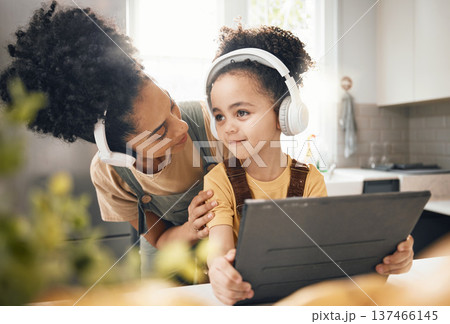 Mother, child and tablet with headphones, home or happy for movie, music or streaming subscription. Mom, kid and digital touchscreen for education, learning or online course with help in family house Mother, child and tablet with headphones, home or happy for movie, music or streaming subscription. Mom, kid and digital touchscreen for education, learning or online course with help in family house 137466145