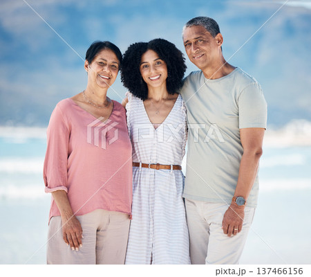 Beach, portrait of senior parents and woman together with smile, love and hug on summer holiday in Mexico. Embrace, happy family and mature mom, dad and daughter on ocean holiday travel in nature. 137466156