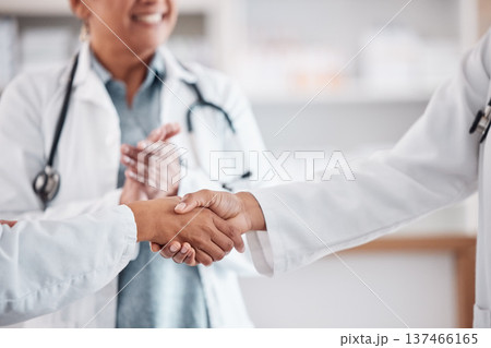 Clapping, teamwork or doctors shaking hands for success, good job or promotion goal in a hospital meeting. Closeup, congratulations or proud healthcare worker with handshake for medical collaboration 137466165