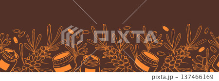 Sea Buckthorn and Cosmetics Seamless Border. Orange Line Art Botanical Branch with Berries and Leaves, Beauty Jars and Tubes on on Dark Brown Background. Vector Horizontal illustration hand-drawn Sea Buckthorn and Cosmetics Seamless Border. Orange Line Art Botanical Branch with Berries and Leaves, Beauty Jars and Tubes on on Dark Brown Background. Vector Horizontal illustration hand-drawn 137466169