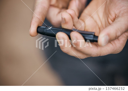 Glucose, finger and hands with needle for diabetes, analysis and blood sugar test, check and monitor. Healthcare, medical care and closeup of person prick for wellness, medicine and inspection Glucose, finger and hands with needle for diabetes, analysis and blood sugar test, check and monitor. Healthcare, medical care and closeup of person prick for wellness, medicine and inspection 137466232