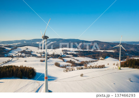Wind turbines producing renewable energy in a snow covered field during winter. Concept of green economy and clean power generation. 137466293