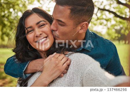 Nature portrait, selfie or couple kiss for romantic outdoor date, bonding and photography on love journey in forest woods. Park, face or relax man, woman or marriage people affection for memory photo Nature portrait, selfie or couple kiss for romantic outdoor date, bonding and photography on love journey in forest woods. Park, face or relax man, woman or marriage people affection for memory photo 137466298